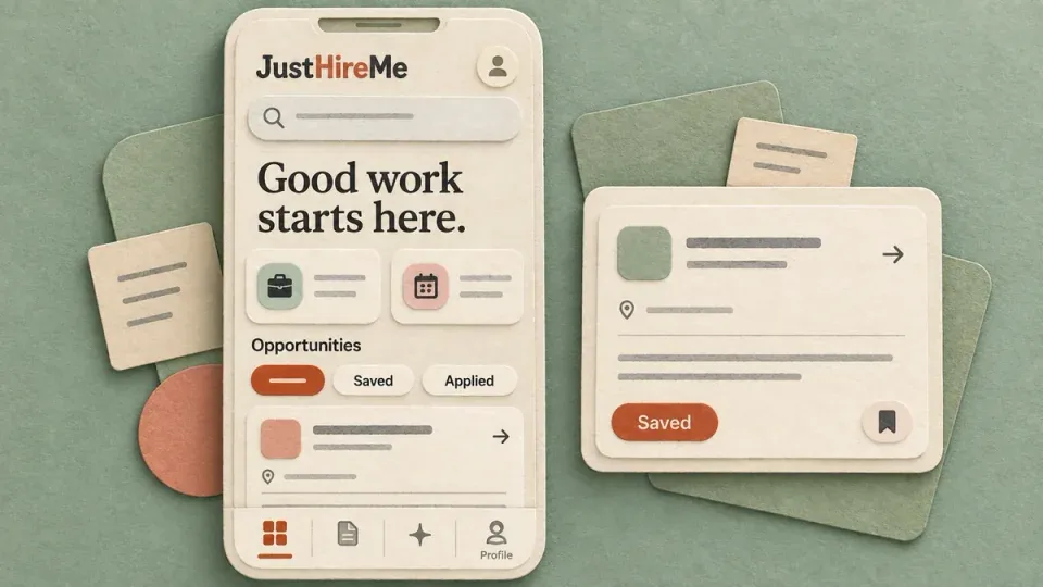 JustHireMe iOS — paper interface illustration